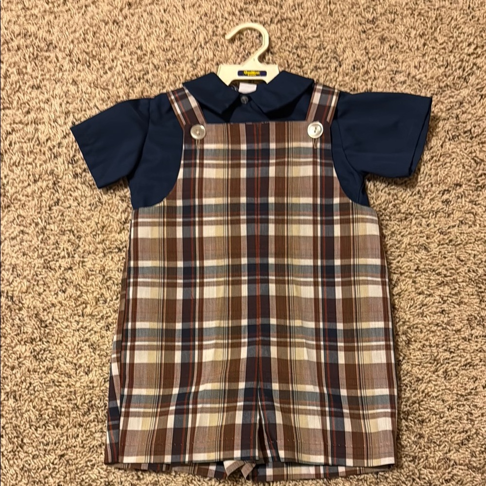 Plaid Kids Overalls with Navy Shirt